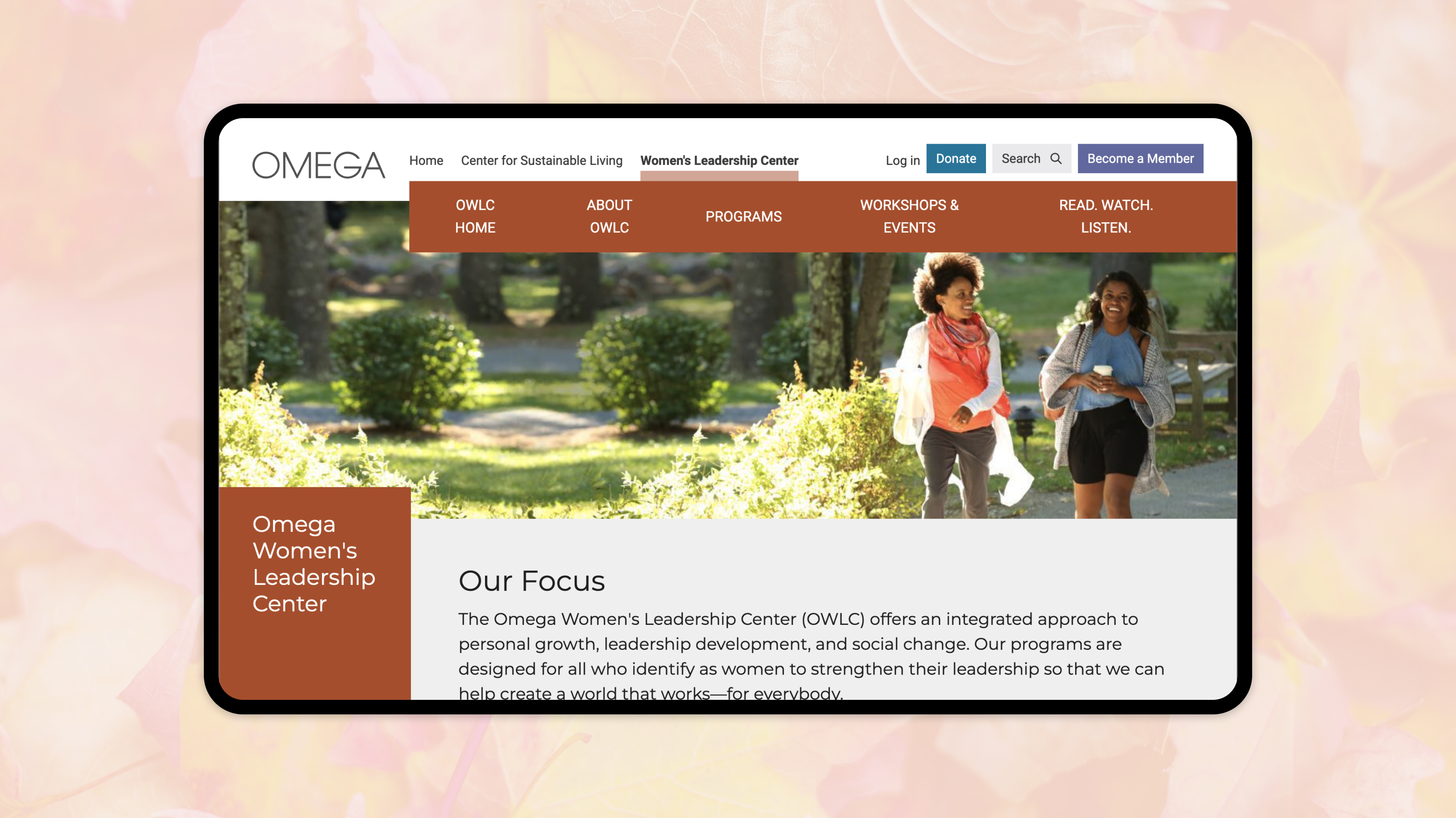 The Omega Women's Leadership Center subsite, showing its own navigation, hero photo, and Our Focus section within Omega's main site.